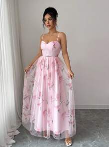 Elenzga Elegant Floral Rose Print Sleeveless A-Line Long Dress With Ruffle Trim, Romantic Spring/Summer Resort Chiffon Maxi Dress, Flattering Style - Pink - View 4