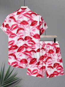 Manfinity KASUA 男士唇印短袖上衣和短裤，休闲沙滩装男士沙滩装套装度假套装男士 - 粉色 - 查看 2