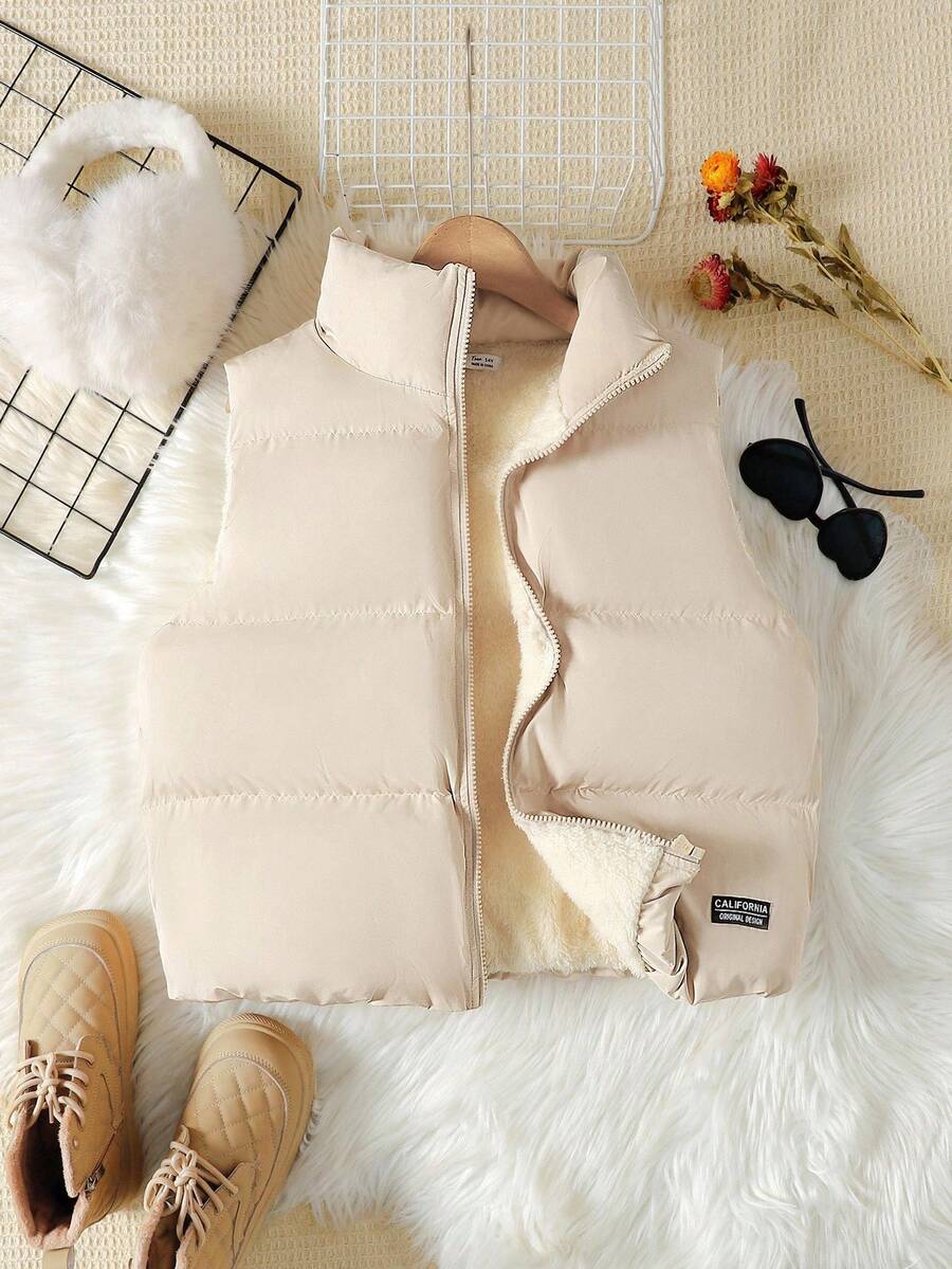 SHEIN Gilet épais doublé thermique à col montant et poches pour adolescentes