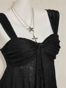 Sweetina Black Lace Sweetheart Tank Top With Wide Straps And Asymmetrical Ruched Hem