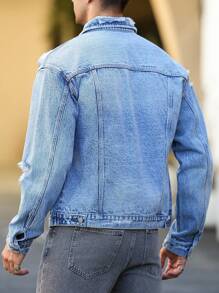 Manfinity Homme 男士休闲破洞修身蓝色牛仔夹克，街头风格 - 中等水洗藍 - 查看 2