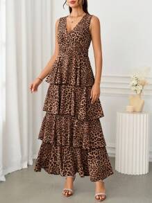 Ellevyn 女式 V 领收腰分层豹纹无袖蛋糕连衣裙，修身剪裁，优雅日常穿着，春夏秋 - 彩色 - 查看 9