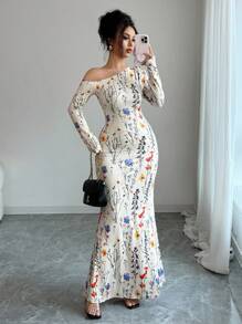 Elenzga Standard Size Women's Elegant Floral Print Asymmetrical Shoulder Dress Fall Cloth For Women - Apricot - View 4