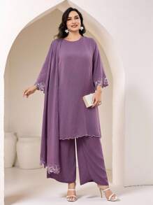 Modelyn Plus Size Women Solid Color Asymmetric Hem Long Sleeve Top And Pants Arabic Style 2 Pieces Set