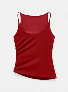 Maija Women's Red V-Neck Cold-Shoulder Camisole, Solid Color Ruched Asymmetric Hem Side Slit Fashionable Versatile Casual Blouse For Urban, Business Casual - Red - View 8