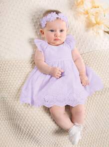 SHEIN Vestido de bebé recién nacida con cuello de volantes y cintura ceñida - Púrpura malva - Ver 3