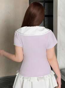 Dazy Plus 海军蓝领弹性针织修身短袖大码女式 T 恤 - 淺灰紫 - 查看 2