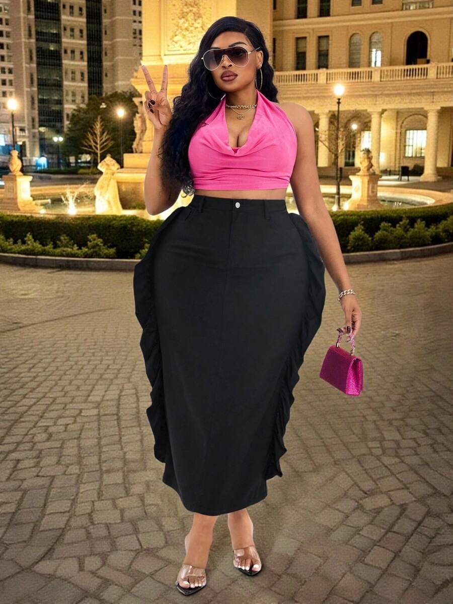 TrendSteals Plus Size Women Black Elastic Ruffled Hem Fitted Casual A-Line Skirt, Autumn Vacation Fall Cloth For Women - Black - View 1