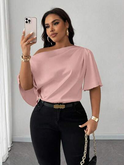 Maweii Blusa de satén elegante y casual con volantes asimétricos en los hombros, de manga corta, para talla grande, primavera/verano/otoño, color rosa