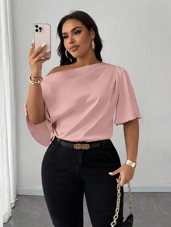 Maweii Blusa casual de verano para mujeres de talla grande con un hombro con volantes y manga corta, ideal para ir al trabajo