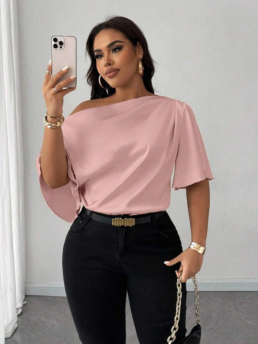 Maweii 大码女式性感不对称肩部荷叶边短袖优雅休闲衬衫，面料舒适，适合春、夏、秋季日常穿着及通勤。 - 藕粉色 - 查看 1