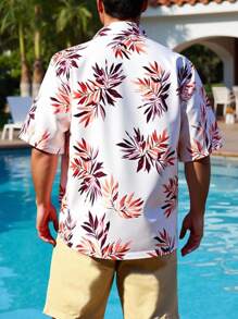 Manfinity VDAYZ Plus Size Men's Plant Print Short Sleeve Top And Solid Color Shorts Beach Outfit