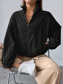 SHEIN EZwear Women's Casual Daily Solid Color Zip-Up Stand Collar Loose Jacket Jacket Y2k Oversized Jacket Windbreaker Jacket Light Jacket In Fall/Winter - Black - View 7