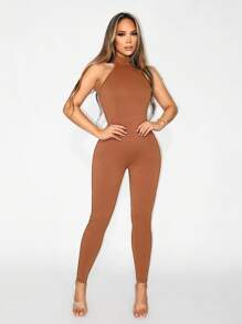 SHEIN Unity Women's Solid Color Stand Collar Sleeveless Fitted Jumpsuit, Summer Striped Design - Khaki - View 4