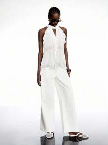 LYSMO 2025 New Arrival White Ruffle Chiffon Halter Top With Tie – Boho Summer Style