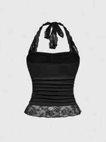 ROMWE Áo crop top ren tương phản gợi cảm Gothic Y2K có họa tiết chữ thập và eo nhún, Halloween - màu đen - Xem 2