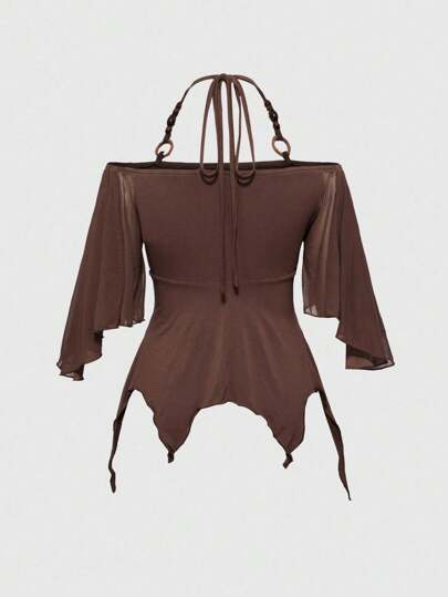 Hippie T-shirt vintage ample à épaules dénudées, motif perles en bois, patchwork, manches chauve-souris, ourlet asymétrique, pour femme