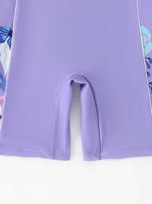青少年女孩度假休闲印花拉链连体泳衣 - 紫色 - 查看 5