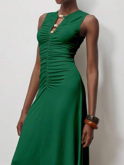 Lumivelle Women's Sleeveless Hollow Out Pleated Beaded Decor Slim Fit Dress, Suitable For Spring And Summer Summer Dress Clothes For University