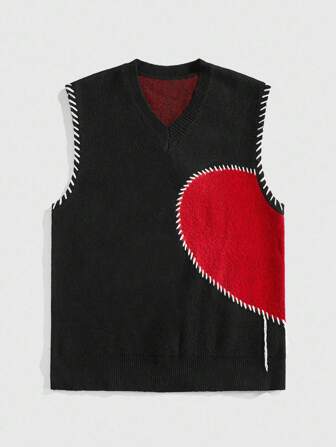 Street Life Men's Fashion Casual College Street Contrast Stitch V-Neck Sweater Vest
