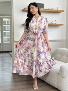Modelyn Plus Size Elegant Floral Print Notched Neck Short Sleeve Dress - Multicolor - View 7