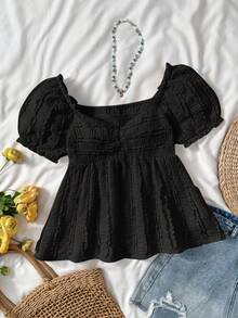 SHEIN Kids Summer Outfits  Squishy Teen Girls Black Sweet Puff Sleeves Retro Texture Fabric T-Shirt, Short Sleeve T-Shirt, Casual T-Shirt Black Babydoll Top Babydoll Top With Sleeves Teen Girl Babydoll Top Cute Black Tops Summer Babydoll Top Black Babydoll Top With Sleeves Black Puff Sleeve Top Black Knit Top Summer Tops - Black - View 5