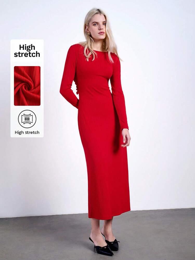 SHEIN Maija 女性用 早春/春 レッド Vネック リボン バックホールアウト フィット ロング袖 裾スリット エレガントセクシーパーティードレス フェスティバル