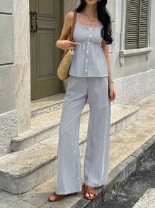 SHEIN Unity 2件套女士春夏休闲条纹学生风套装，粉色 - 黑色 - 查看 5