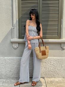 SHEIN Unity 2件套女士春夏休闲条纹学生风套装，粉色 - 黑色 - 查看 6