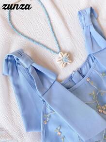 Elegant Embroidered Textured Mesh Skirt For Teen Girls - Blue - View 3