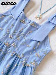 Elegant Embroidered Textured Mesh Skirt For Teen Girls - Blue - View 5