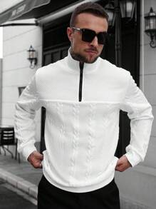 Manfinity CasualCool 男士休闲纯色纹理半拉链立领卫衣，男士秋季新款纯白色简约休闲套头卫衣，适合日常通勤和旅行的百搭单品 - 白色 - 查看 5