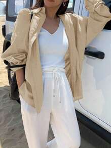 DAZY Women's Casual Casual-Fit Solid Color Long Sleeve Shirt,Long Sleeve Tops Linen Preppy Tops Fall - Khaki - View 4