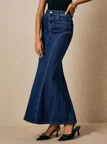 Poéselle 女式蓝色时尚拼接牛仔美人鱼裙女式牛仔裙牛仔长裙 - 深色水洗藍 - 查看 8