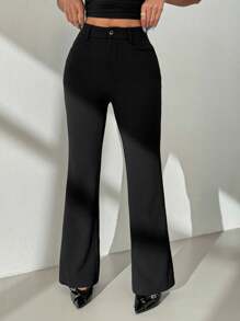 SHEIN PETITE Women's Solid Color Casual Pants Black Flare Pants,Fall Clothes For Women