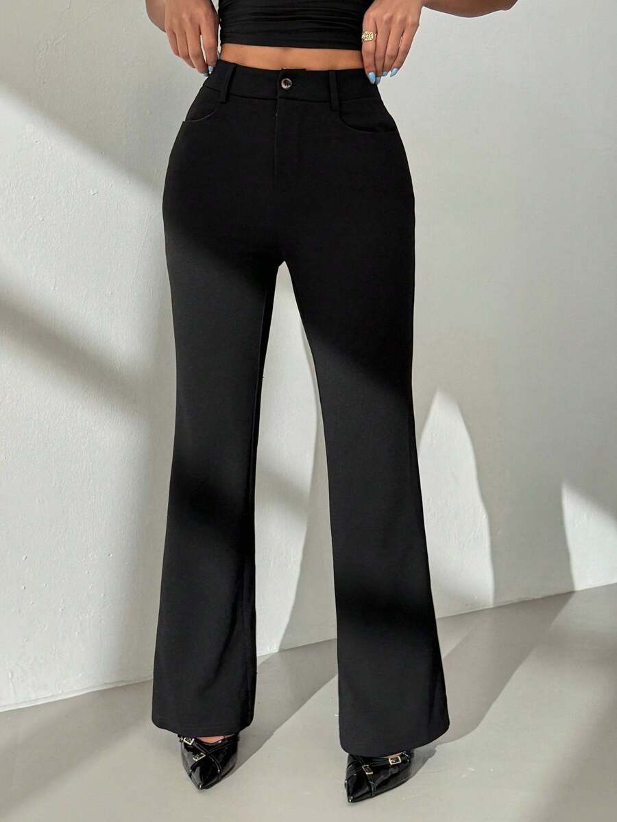 SHEIN PETITE Women's Solid Color Casual Pants Black Flare Pants,Fall Clothes For Women