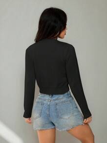 SHEIN PETITE 女款純色單排扣休閒短版針織開襟衫，黑色針織毛衣，秋季女裝，適合嬌小女性 - 黑色 - 查看 2