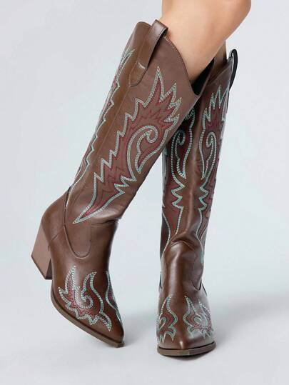 Fairycore 2025 Spring & Autumn New Nature-Inspired Brown Embroidered Western Boots, Outdoor Fashion Leather Over-The-Knee Boots
