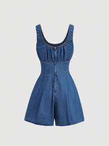 SHEIN MOD 女式圆领褶腰休闲无袖牛仔连体衣 - 藍色 - 查看 2