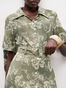 Lumivelle New Elegant Embroidered Floral Long Shirt Dress Summer Dress Clothes For University - Army Green - View 6