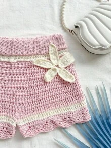 Soleia Pantalones cortos casuales de mujer beige con flores 3D tejidas, adecuados para vacaciones y días festivos de verano