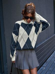 Maglione donna con collo alto, motivo a diamante e spalle scoperte