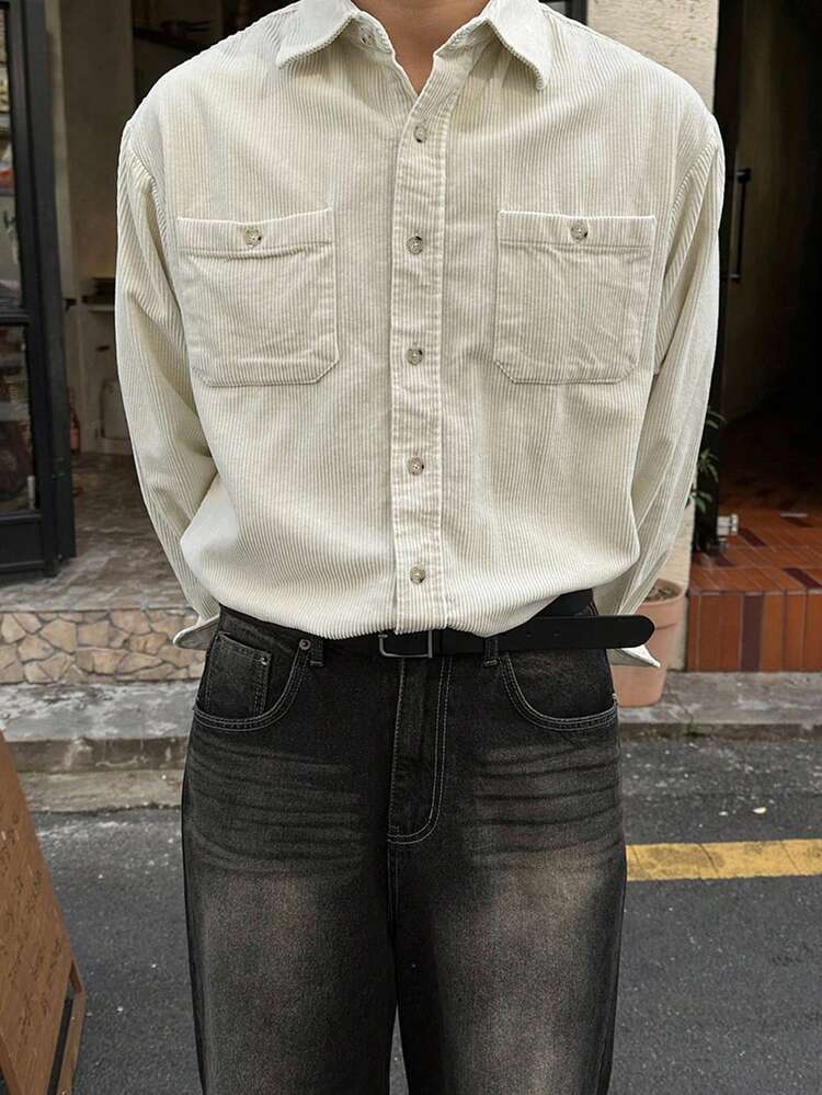 Men's Corduroy Texture Shirt, Beige, Autumn Long Sleeve Men Shirt