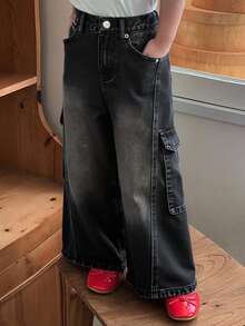 DAZY Young Girl Casual Washed Wide Leg Cargo Jeans - Black - View 6