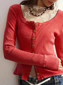 Bohemela 女式休闲纯色纽扣前长袖 T 恤 - 紅色 - 查看 8