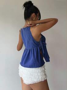 Siren Gaze 女式系腰荷叶边下摆吊带牛仔上衣 - 中等水洗藍 - 查看 2