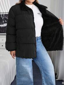 SHEIN CURVE+ Cappotto imbottito in pile spesso, impermeabile, di colore tinta unita, casual e semplice, adatto per l'inverno, taglie comode