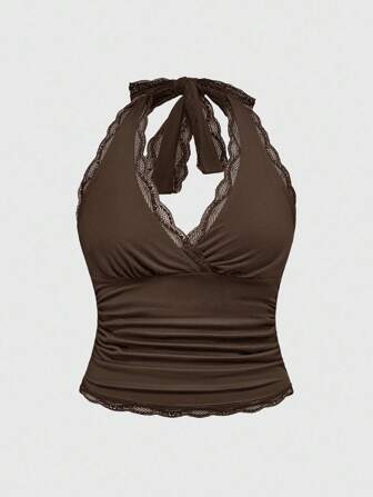 Grunge Punk Plus Size Women's Lace Trim Y2K Backless Halter Top