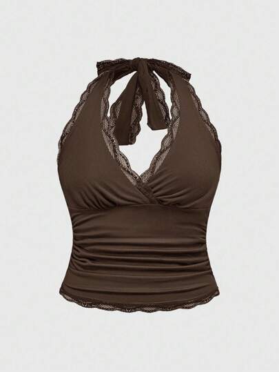 Grunge Punk Rückenfreies Neckholder-Top mit Spitzenbesatz im Y2K-Stil für Damen in Übergröße