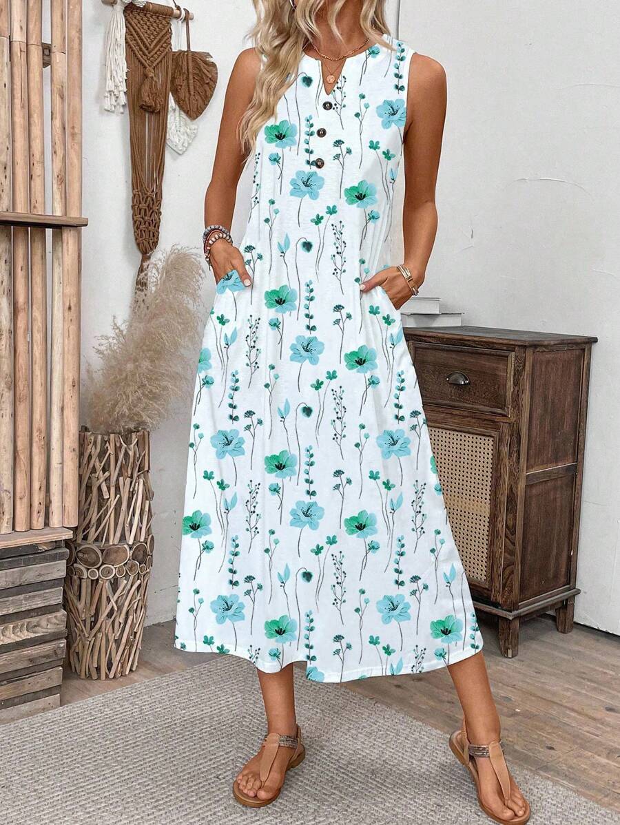 EMERY ROSE Váy Maxi dệt kim in họa tiết cổ chữ V không tay cho kỳ nghỉ thường ngày của phụ nữ - Nhiều màu - Xem 1